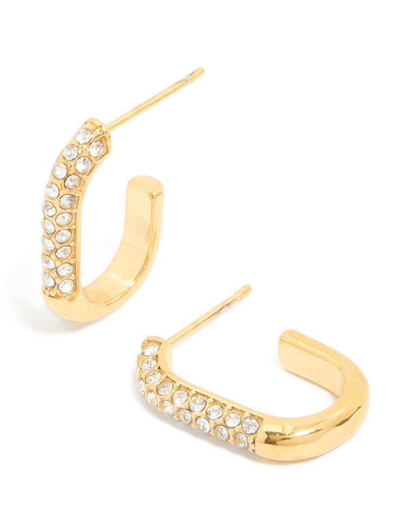Waterproof Gold Plated Stainless Steel Diamante Half Oval Hoop Earrings
