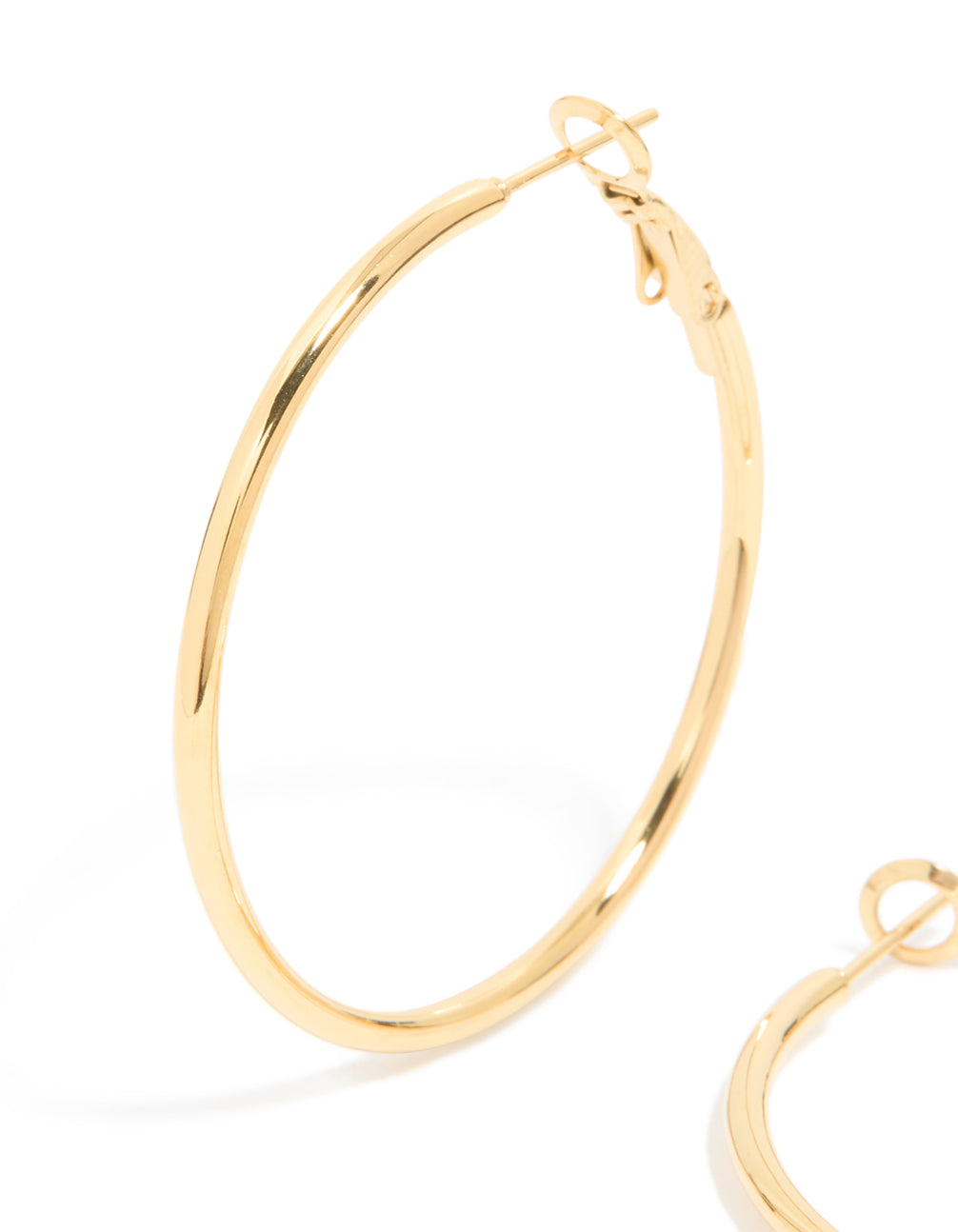 Detailed perspective of waterproof gold plated stainless steel statement hoop earrings close up view
