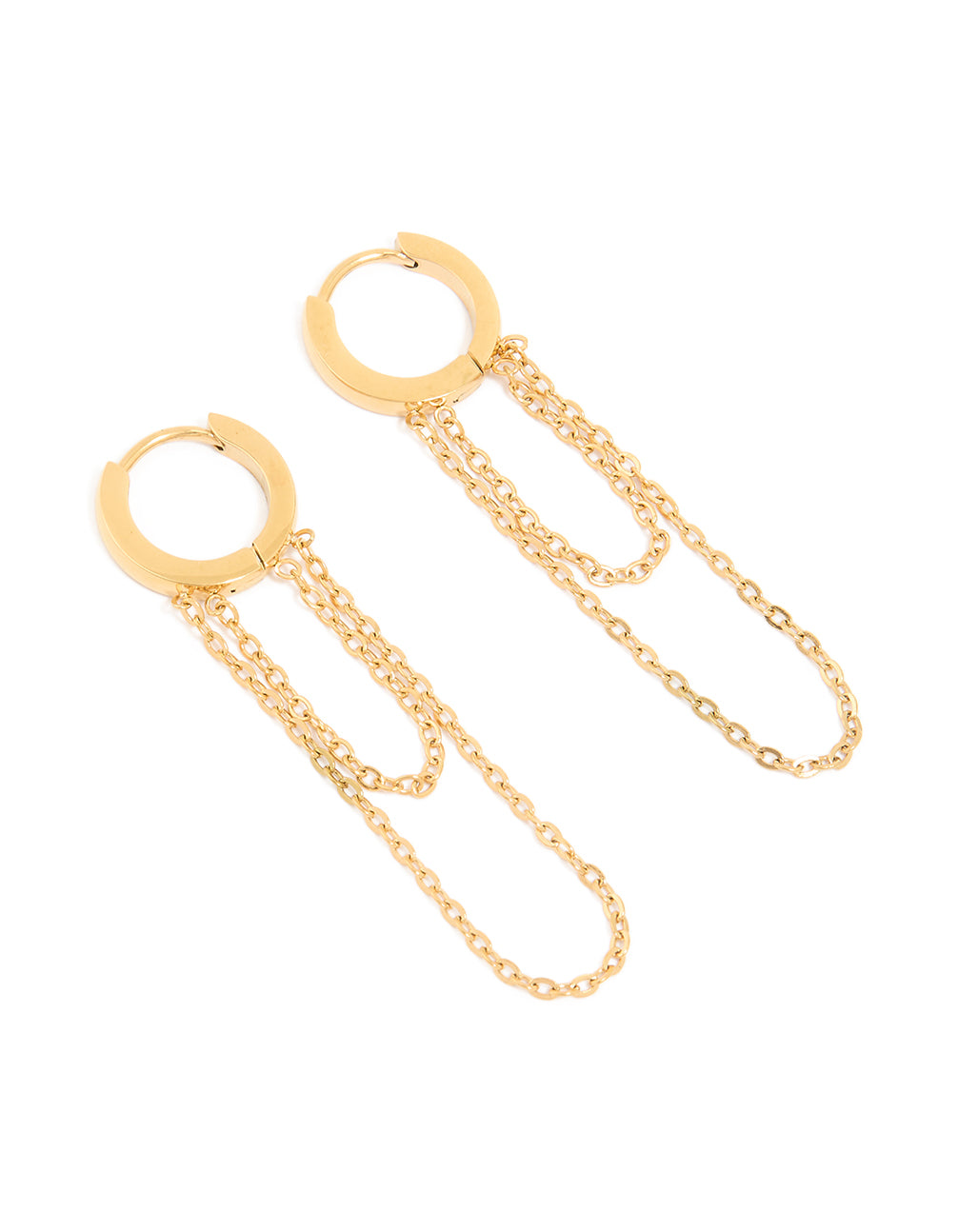 Dainty waterproof gold plated stainless steel multi chain huggie earrings with front view
