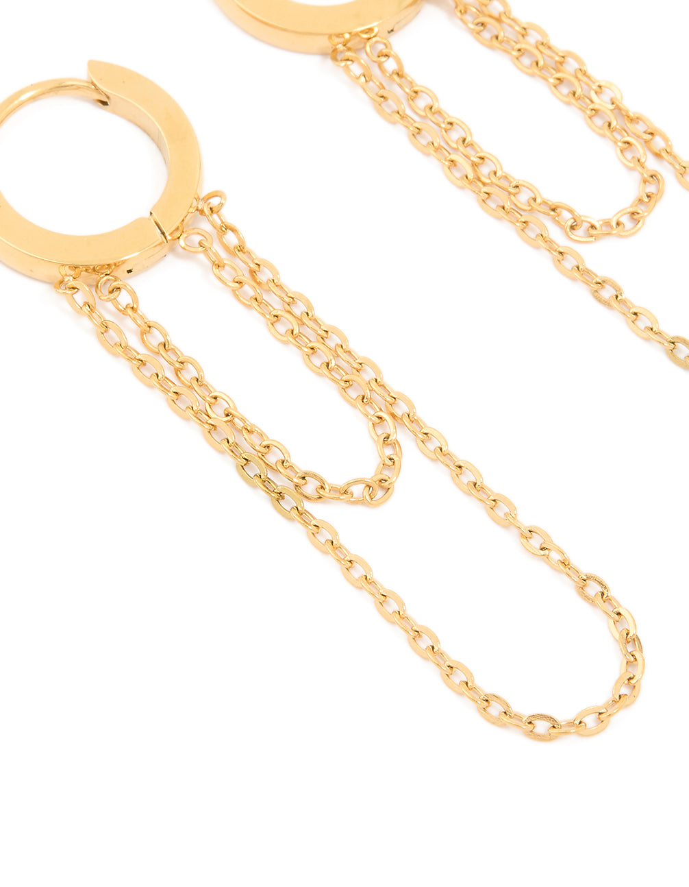 Designed with dainty waterproof gold plated stainless steel, multi chain huggie earrings close up view