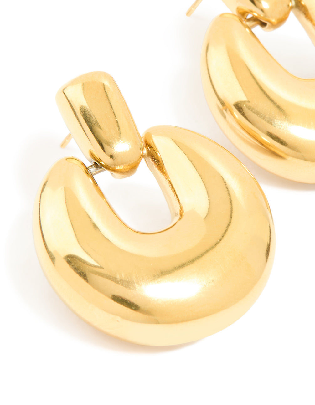 Crafted from waterproof gold plated stainless steel round doorknocker earrings close up view