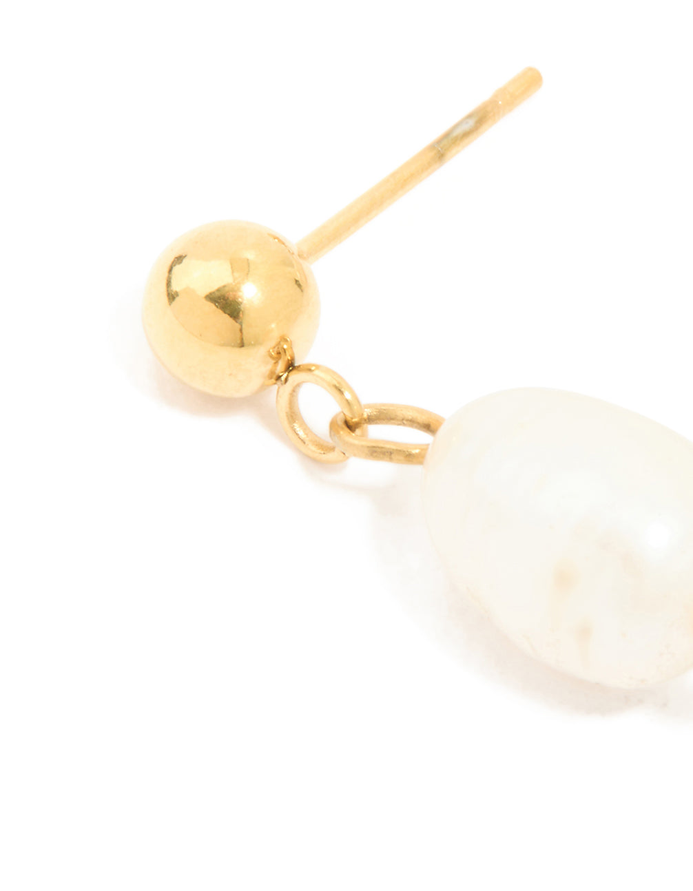 Designed with waterproof gold plated stainless steel, pearl stud drop earrings in white close up view