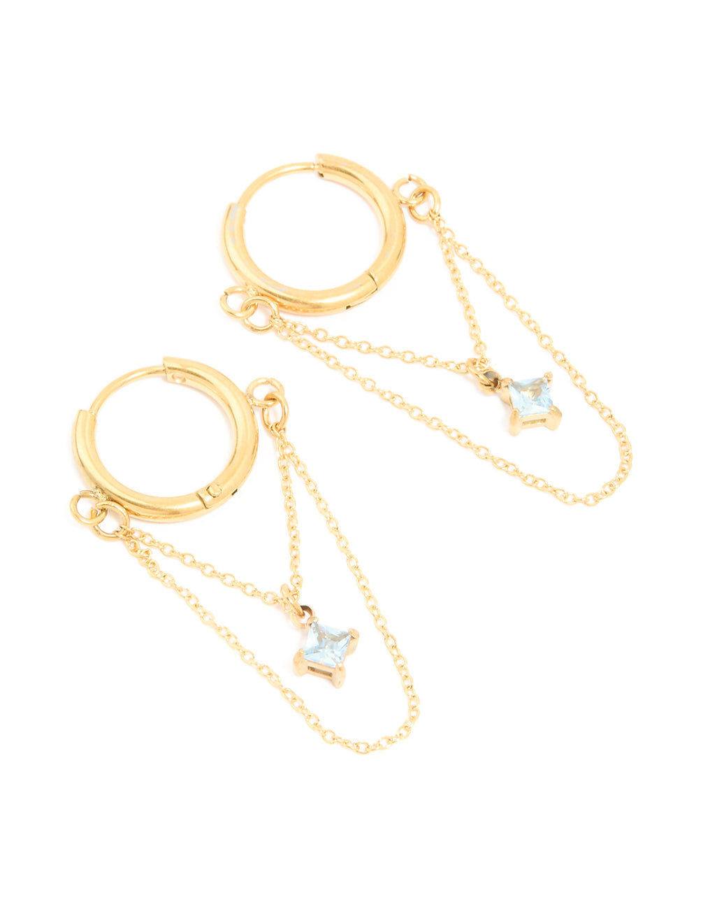 Crafted from waterproof gold plated stainless steel, these huggie earrings and cubic zirconia details with a huggie closure in light blue front view