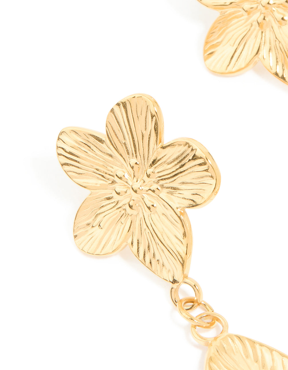 Detailed view of waterproof gold plated stainless steel flower drop earrings and textured petals close up view