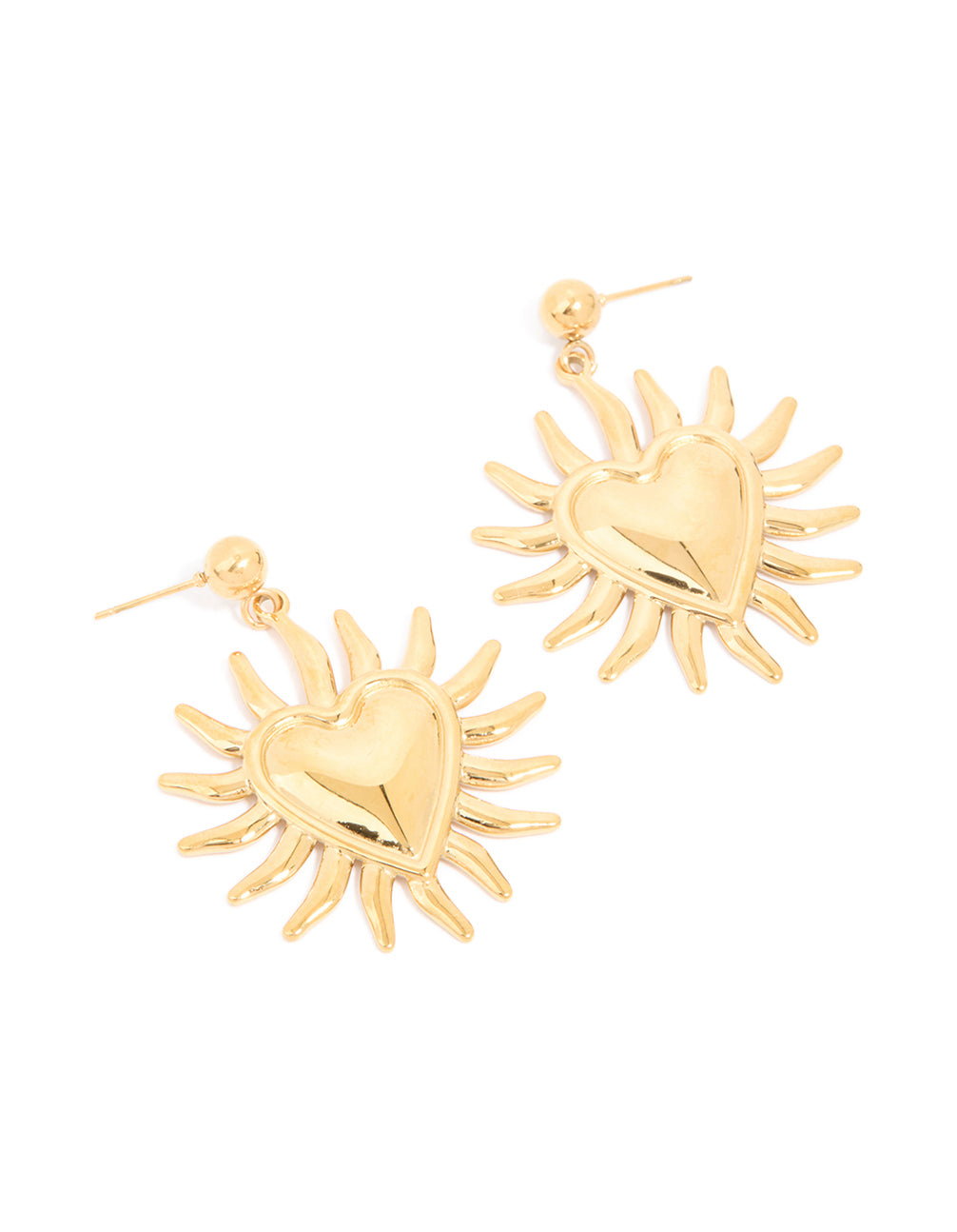Showcasing statement earrings with celestial and heart motifs crafted from waterproof gold plated stainless steel front view