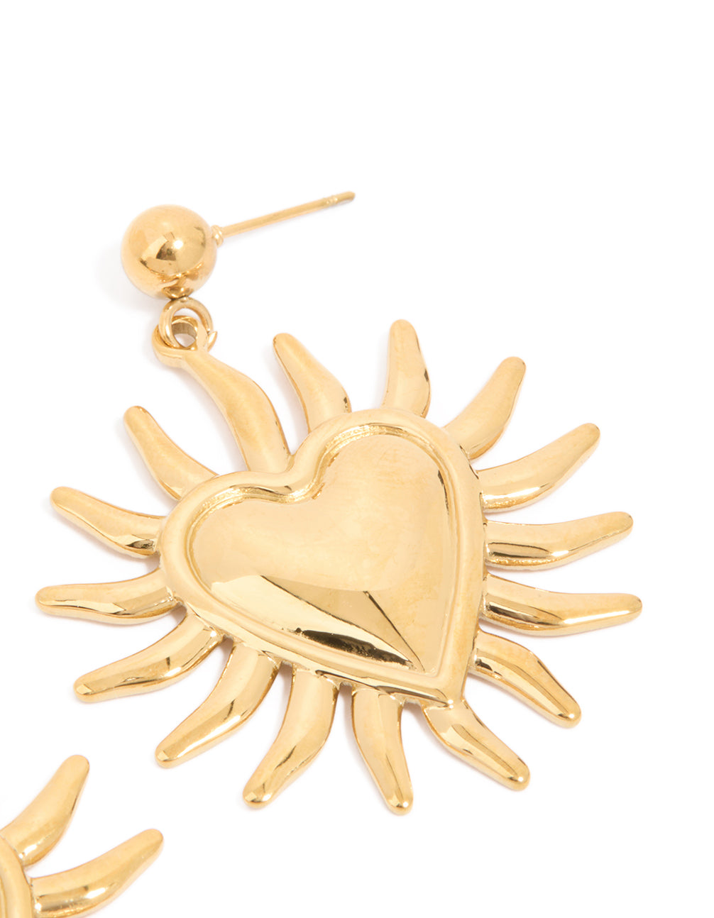 Presenting statement earrings with celestial and heart motifs crafted from waterproof gold plated stainless steel post detail view