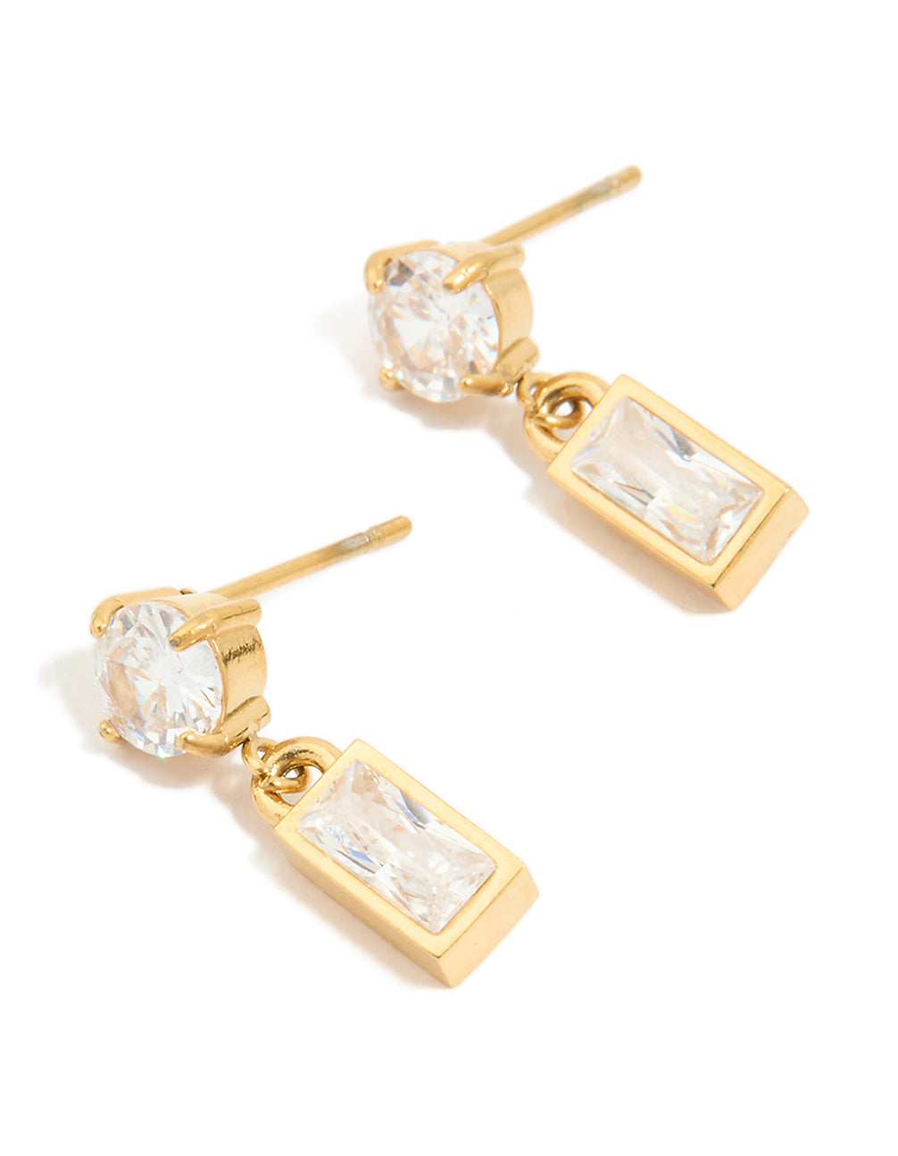 Showcasing waterproof drop earrings crafted from stainless steel with round and baguette stone cut cubic zirconia in gold plated finish front view