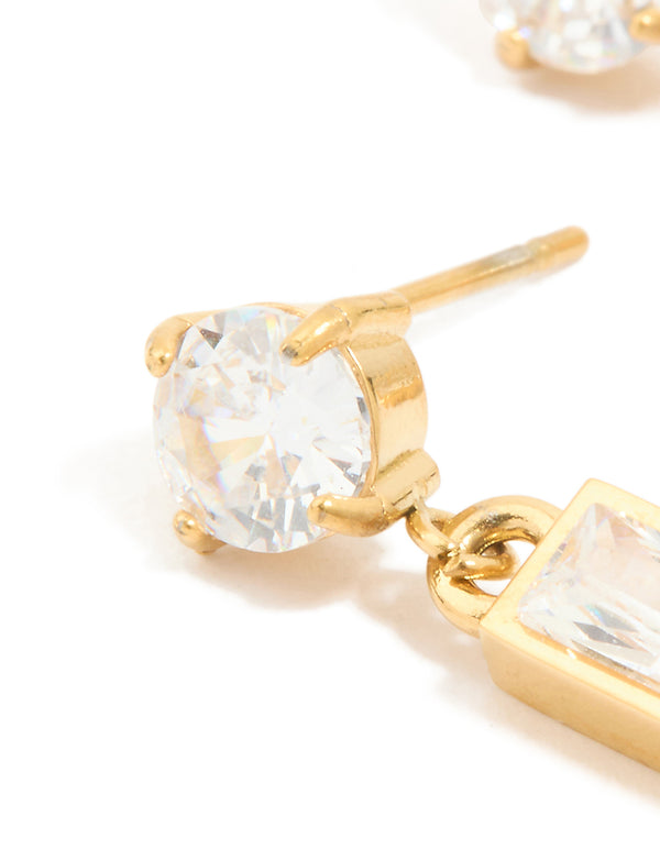 Waterproof Gold Plated Stainless Steel Cubic Zirconia Round & Baguette Drop Earrings