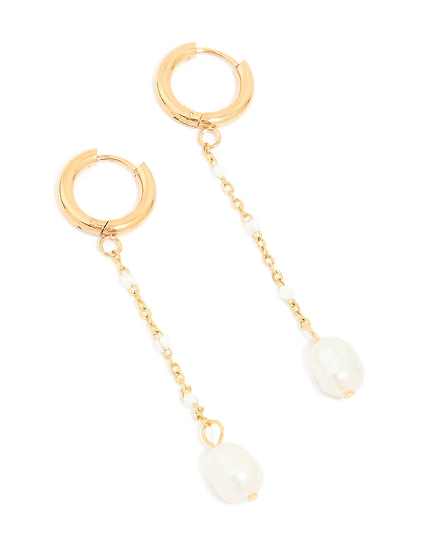 Waterproof Gold Plated Stainless Steel Single Pearl Chain Huggie Earrings