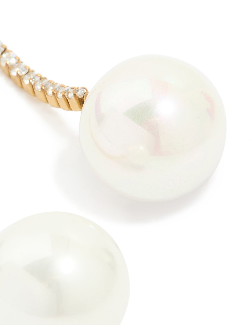 Highlighting waterproof gold plated stainless steel drop earrings with pearl and diamante cup chain post detail view
