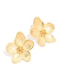 Waterproof Gold Plated Stainless Steel Textured Flower Earrings - link has visual effect only