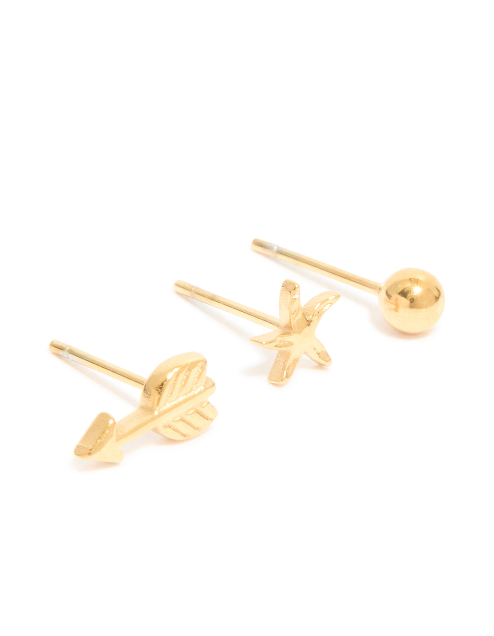 Highlighting waterproof stainless steel mixed motif stud earrings with celestial sun, ocean starfish, and ball in gold plated 3-pack post detail view