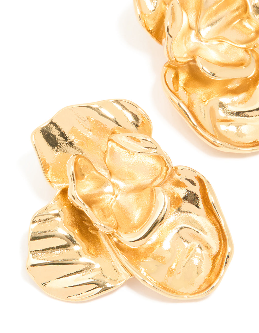 Detailed waterproof gold plated stainless steel statement flower stud earrings in gold close up view