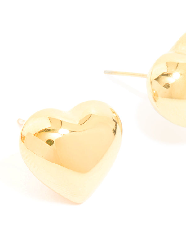 Waterproof Gold Plated Stainless Steel Puffy Heart Stud Earrings