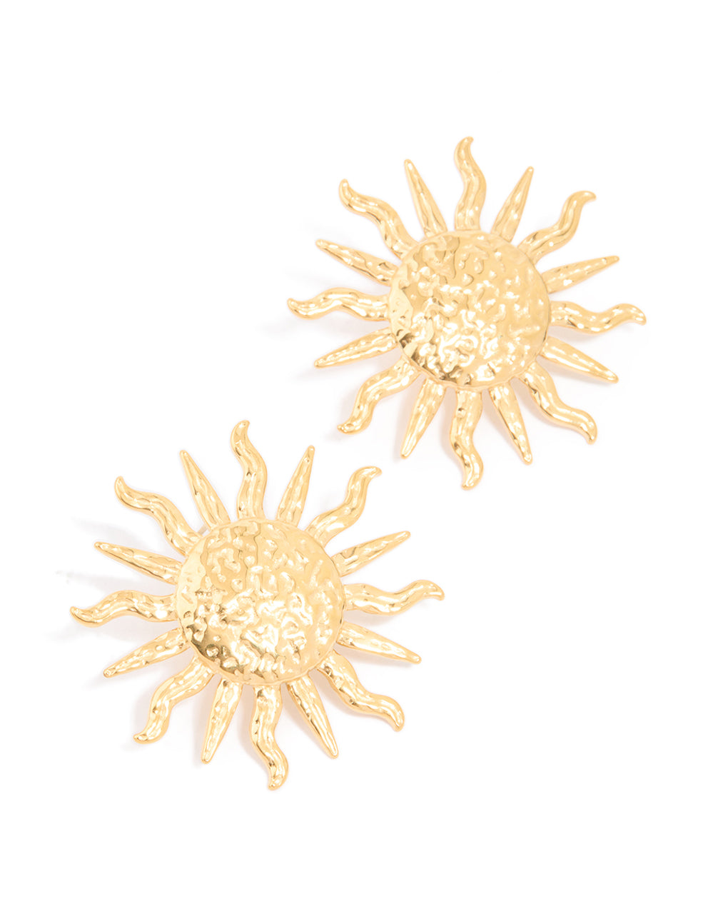 Showcasing waterproof gold plated stainless steel sun statement stud earrings with celestial design front view