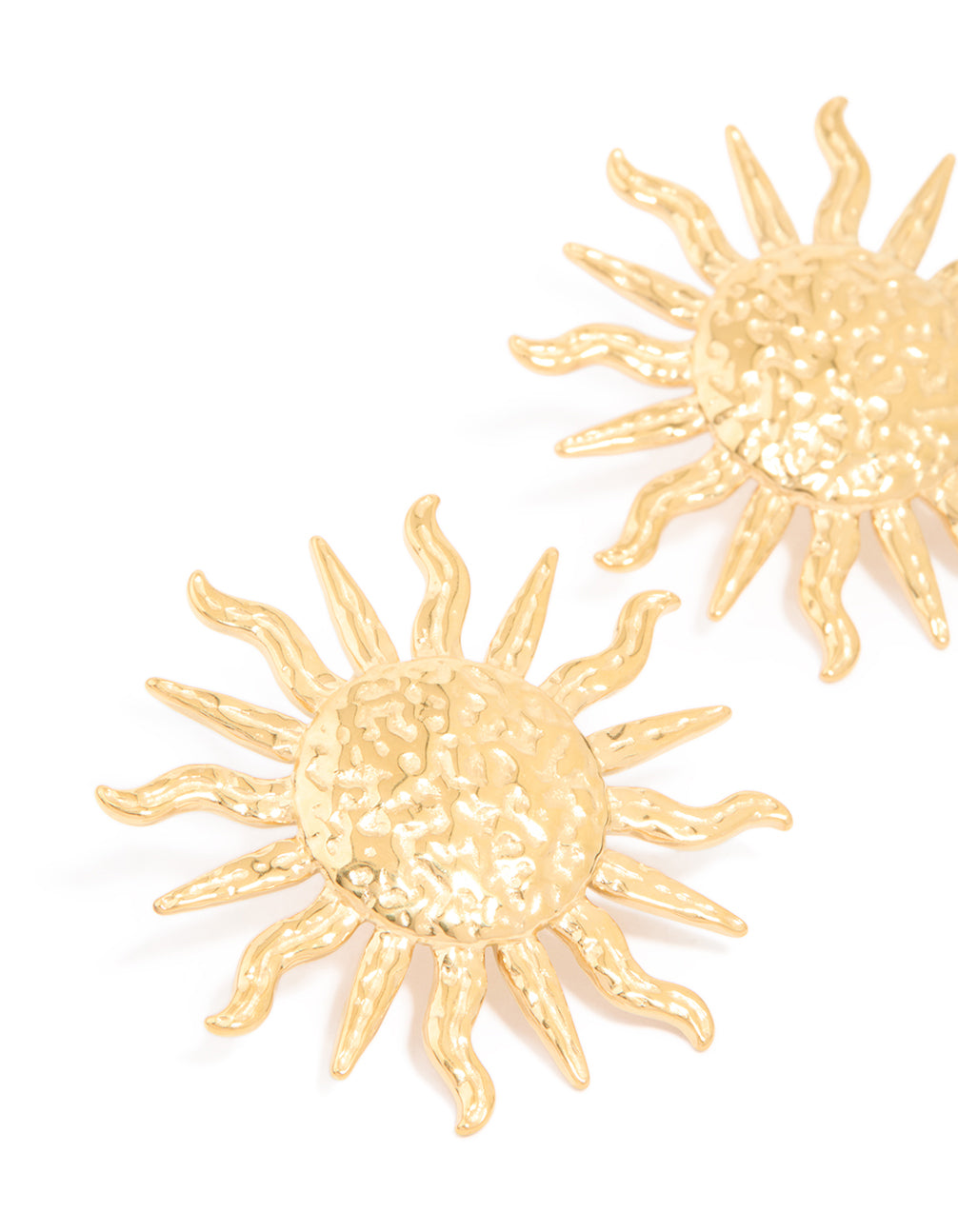 Crafted from waterproof gold plated stainless steel sun statement stud earrings with celestial design close up view