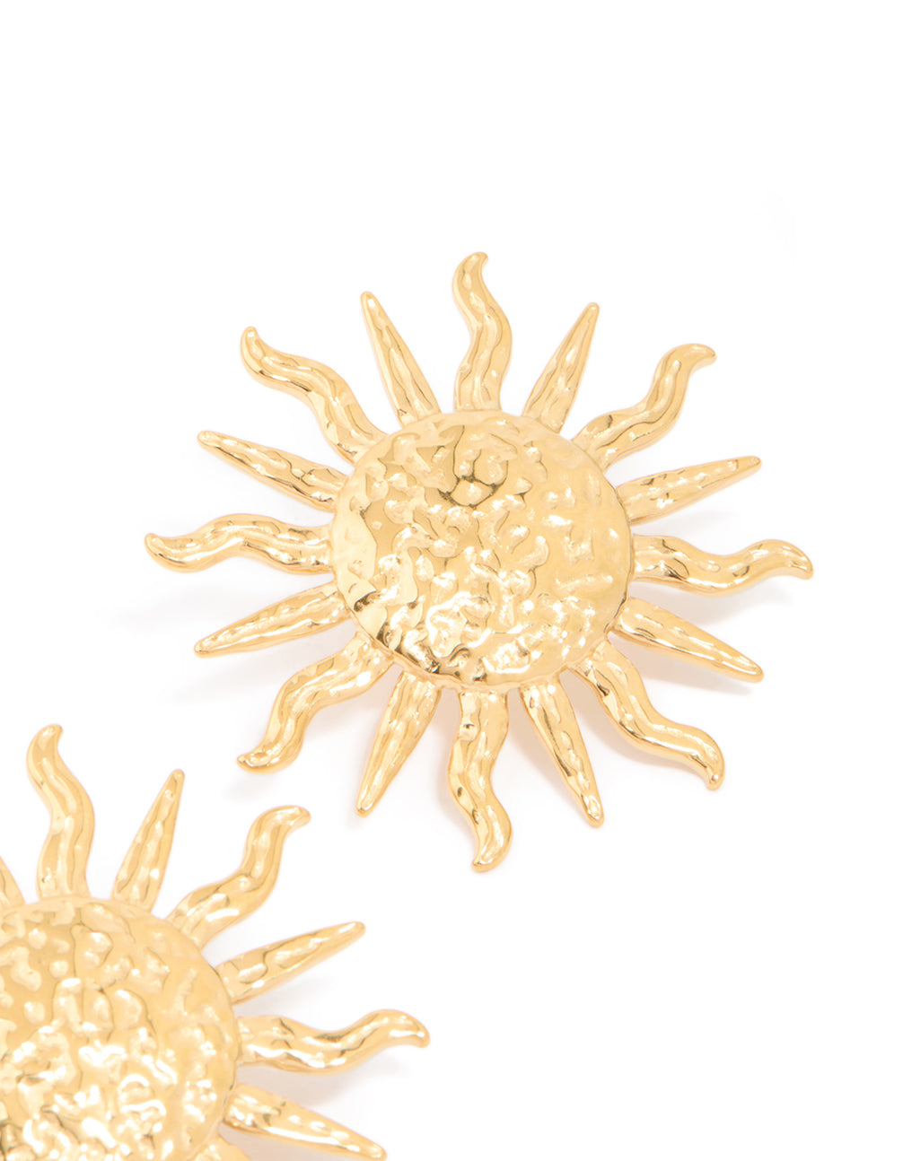 Designed with waterproof gold plated stainless steel sun statement stud earrings featuring celestial post detail view