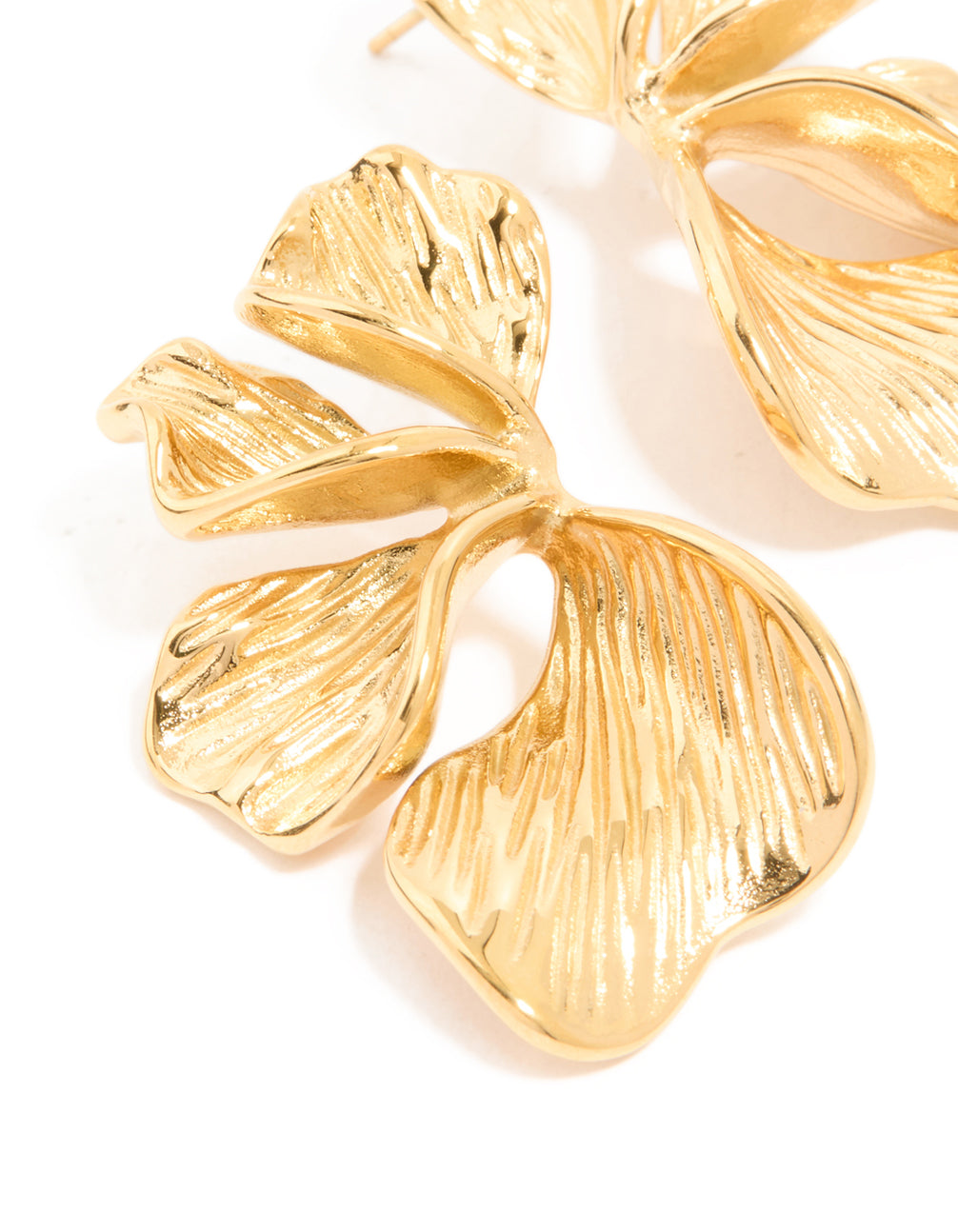 Presenting waterproof gold plated stainless steel ribbed petal stud earrings featuring floral design close up view