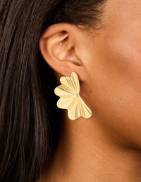 Waterproof Gold Plated Stainless Steel Wavy Fan Flower Stud Earrings - link has visual effect only