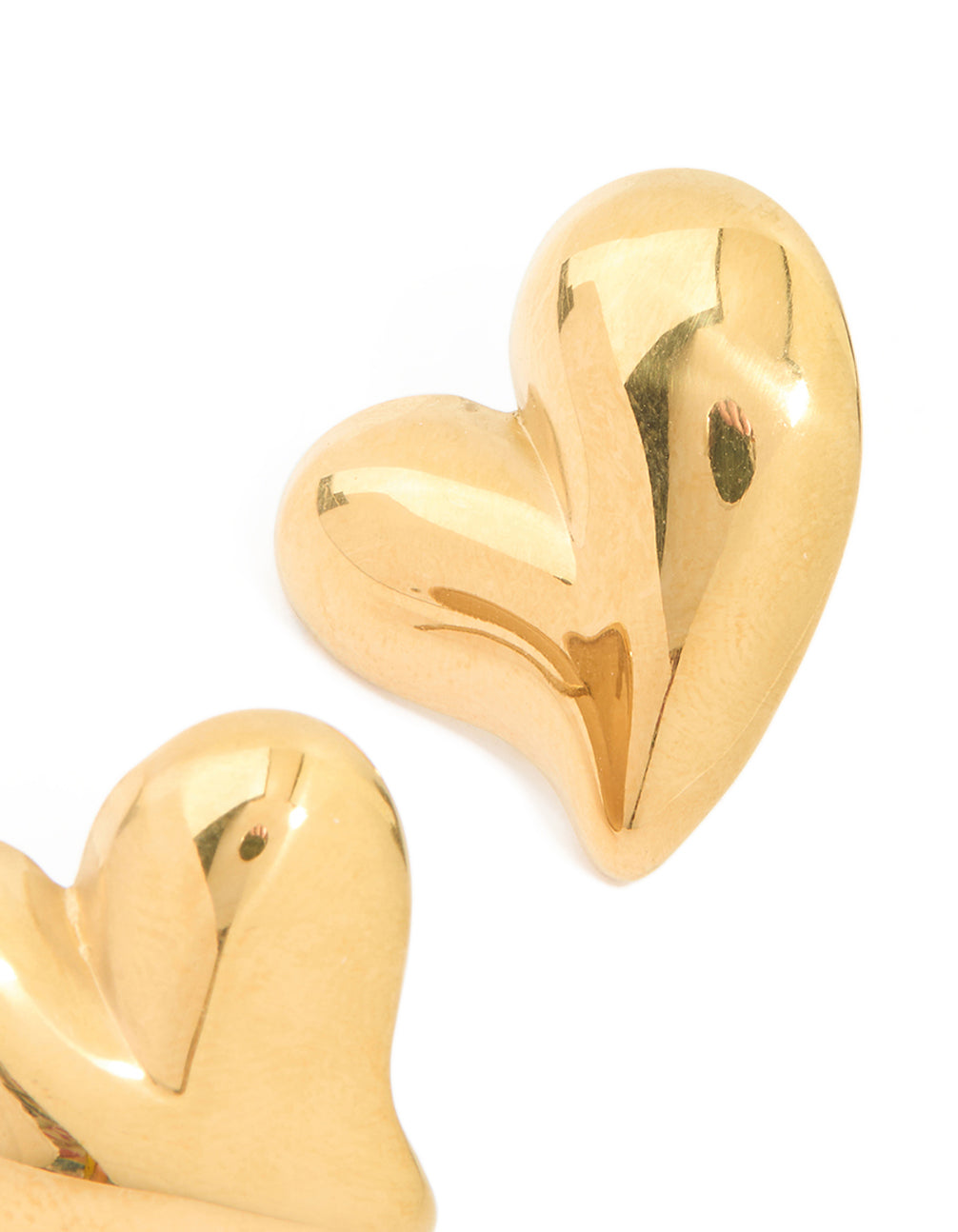 Waterproof gold plated stainless steel moving heart statement stud earrings featuring dimensional design post detail view