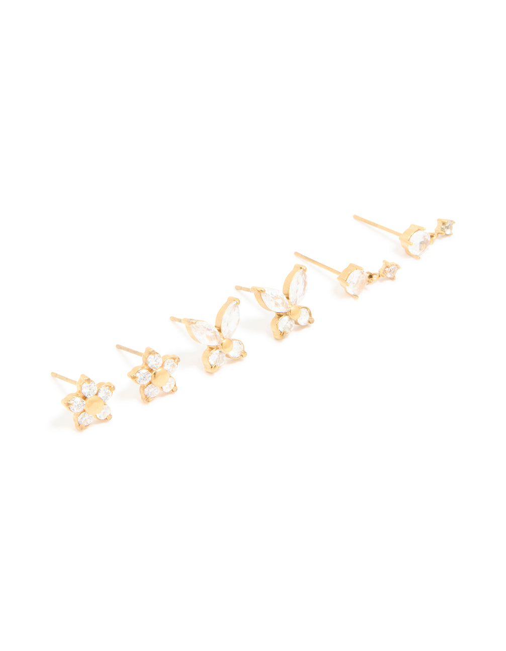 Discover waterproof butterfly and floral stud earrings featuring gold plated stainless steel with cubic zirconia in a 3-pack front view