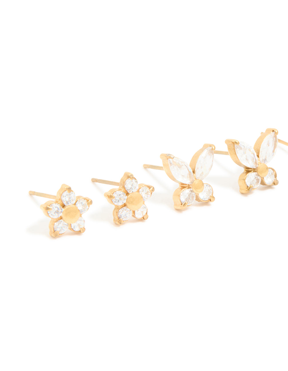 Featuring butterfly and floral designs, gold plated stainless steel cubic zirconia waterproof earrings 3-pack close up view