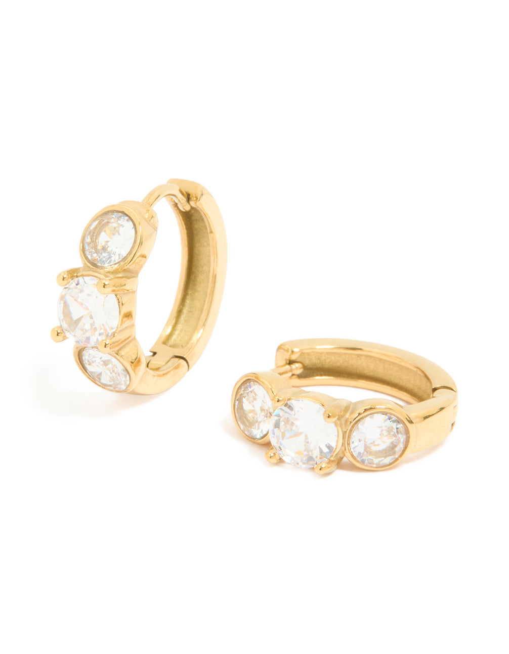 Showcasing waterproof gold plated stainless steel cubic zirconia stone set huggie earrings front view