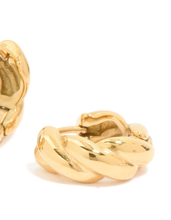 Waterproof Gold Plated Stainless Steel Plaited Detail Huggie Earrings
