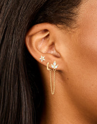 Waterproof Gold Plated Stainless Steel Cubic Zirconia Flower Hoop Chain & Flower Ear Stackers 2-Pack - link has visual effect only