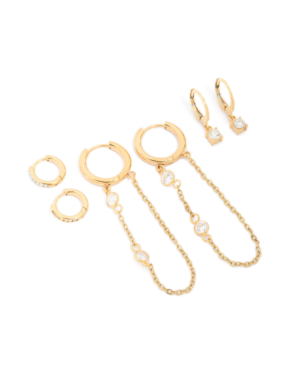 Featuring waterproof gold plated stainless steel bezel clicker and chain huggie earrings stacking pack front view