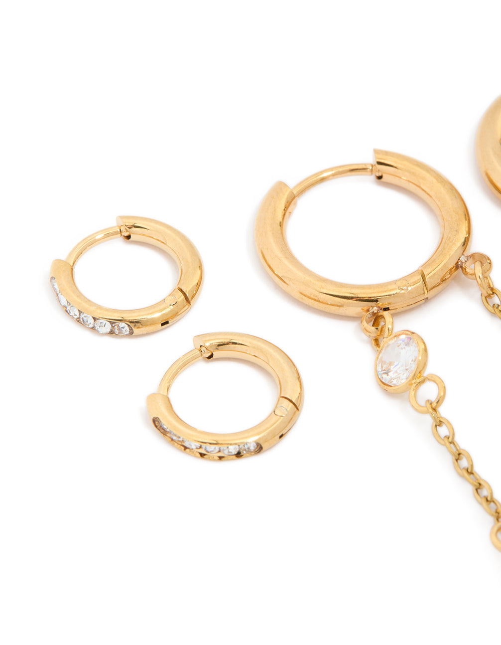 Beautifully waterproof gold plated stainless steel bezel clicker and chain huggie earrings stacking pack close up view