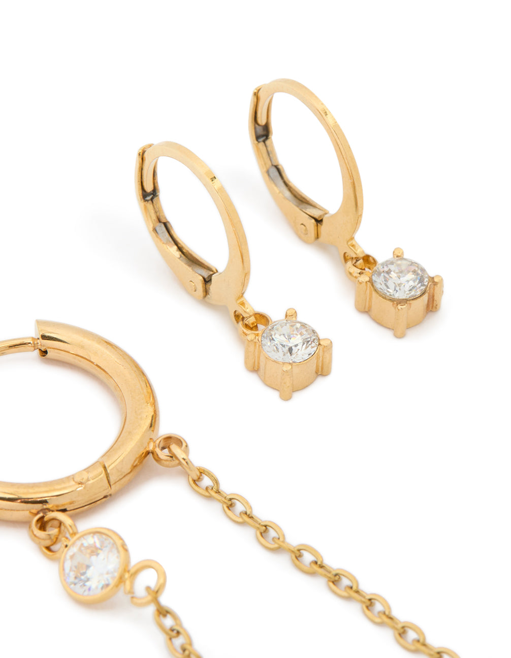 Highlighting waterproof gold plated stainless steel bezel clicker and chain huggie earrings stacking pack post detail view