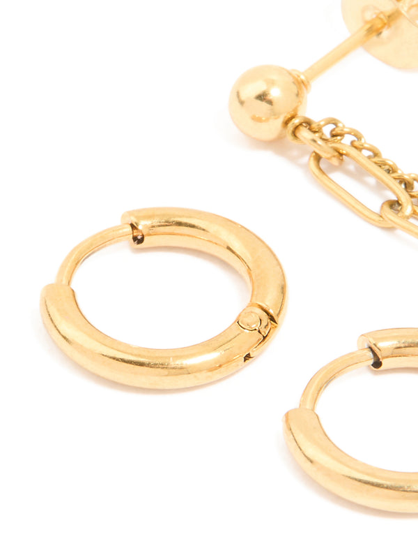 Waterproof Gold Plated Stainless Steel Classic Chain Earrings & Huggie Earrings 2-Pack
