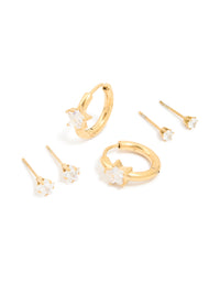 Waterproof Gold Plated Stainless Steel Cubic Zirconia Huggie & Stud Earrings 3-Pack - link has visual effect only