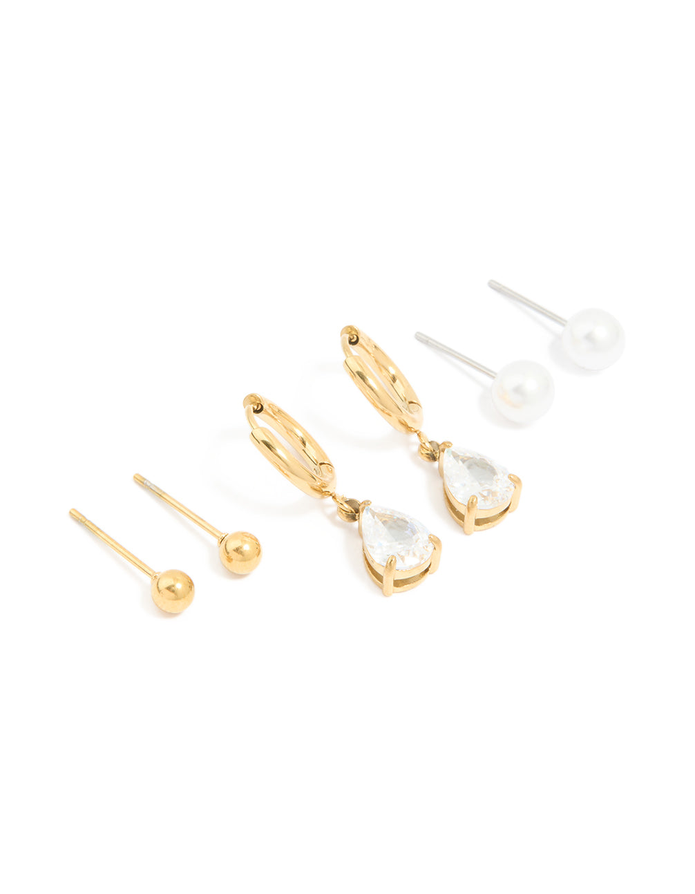 Explore this waterproof gold plated stainless steel cubic zirconia, pearl and balls ear stacking earrings pack front view