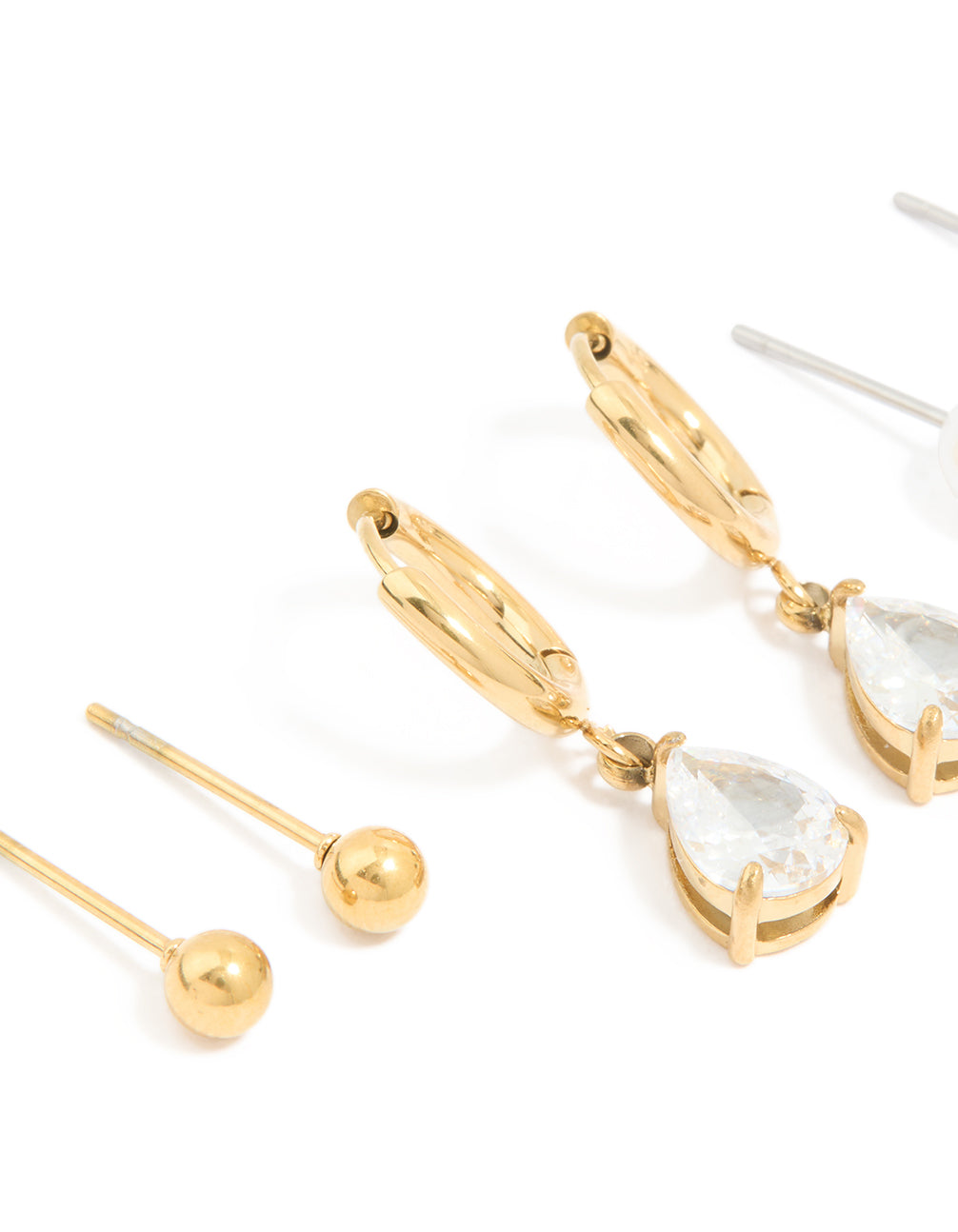 Crafted from waterproof gold plated stainless steel cubic zirconia, pearl and balls ear stacking earrings pack close up view