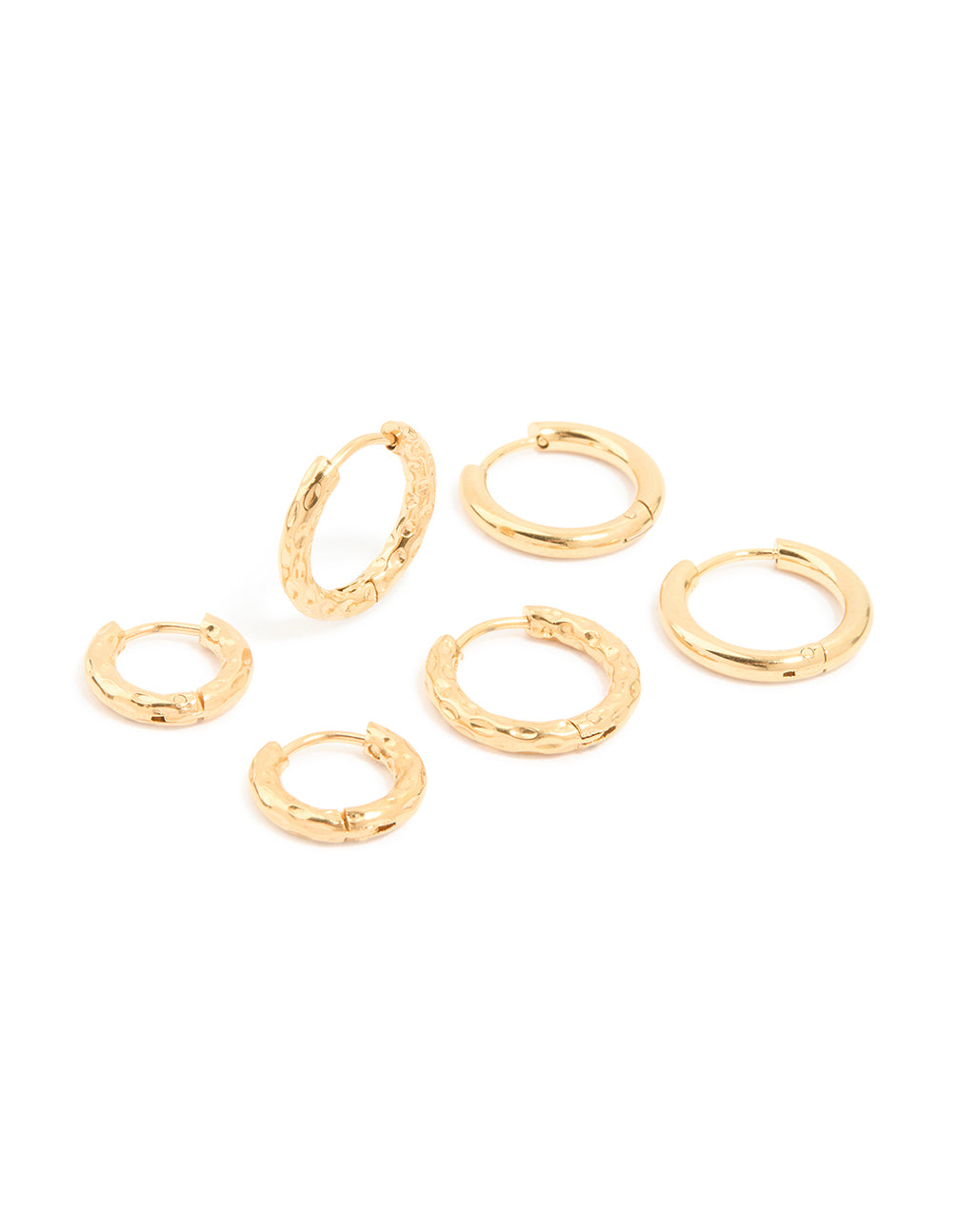 Discover waterproof gold plated stainless steel mixed detail huggie earrings in a 3-pack front view