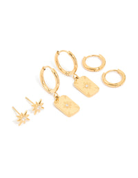 Waterproof Gold Plated Stainless Steel Cubic Zirconia Star Disc & Huggie Earrings 3-Pack - link has visual effect only