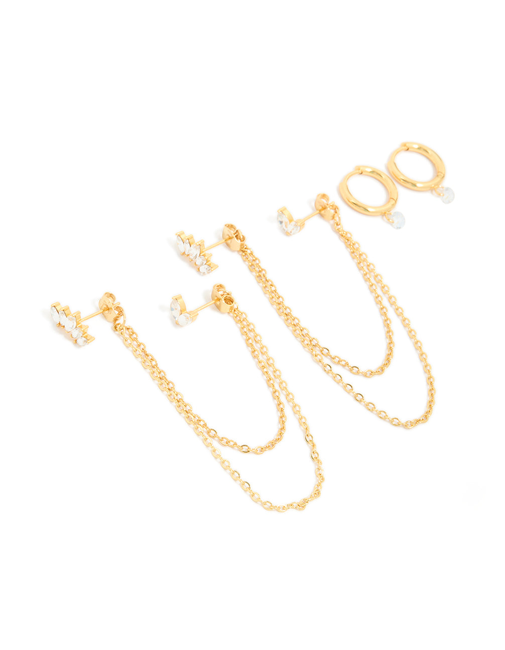 Discover waterproof stud earrings featuring marquise cubic zirconia stones in a 3-pack, crafted from gold plated stainless steel front view