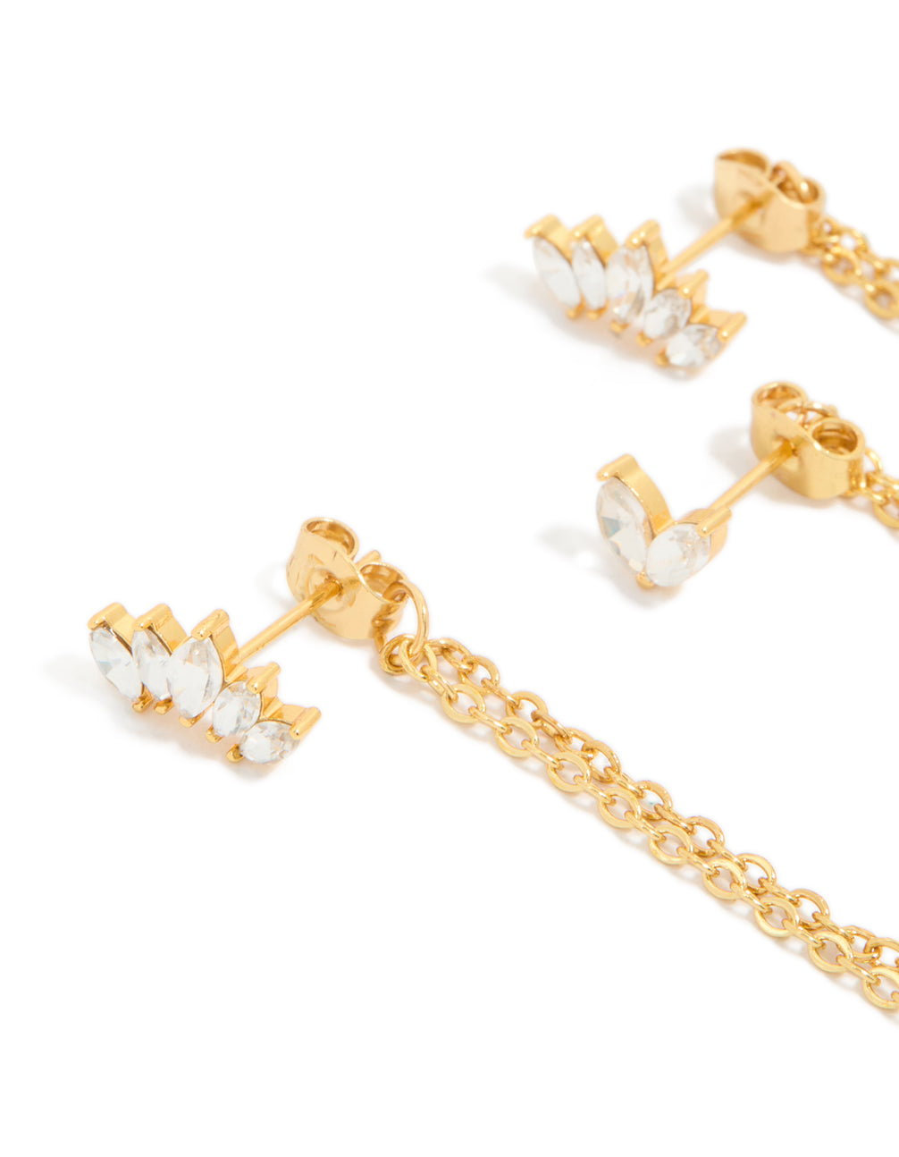 Elegantly designed waterproof stud earrings with marquise cubic zirconia stones in a 3-pack, crafted from gold plated stainless steel close up view