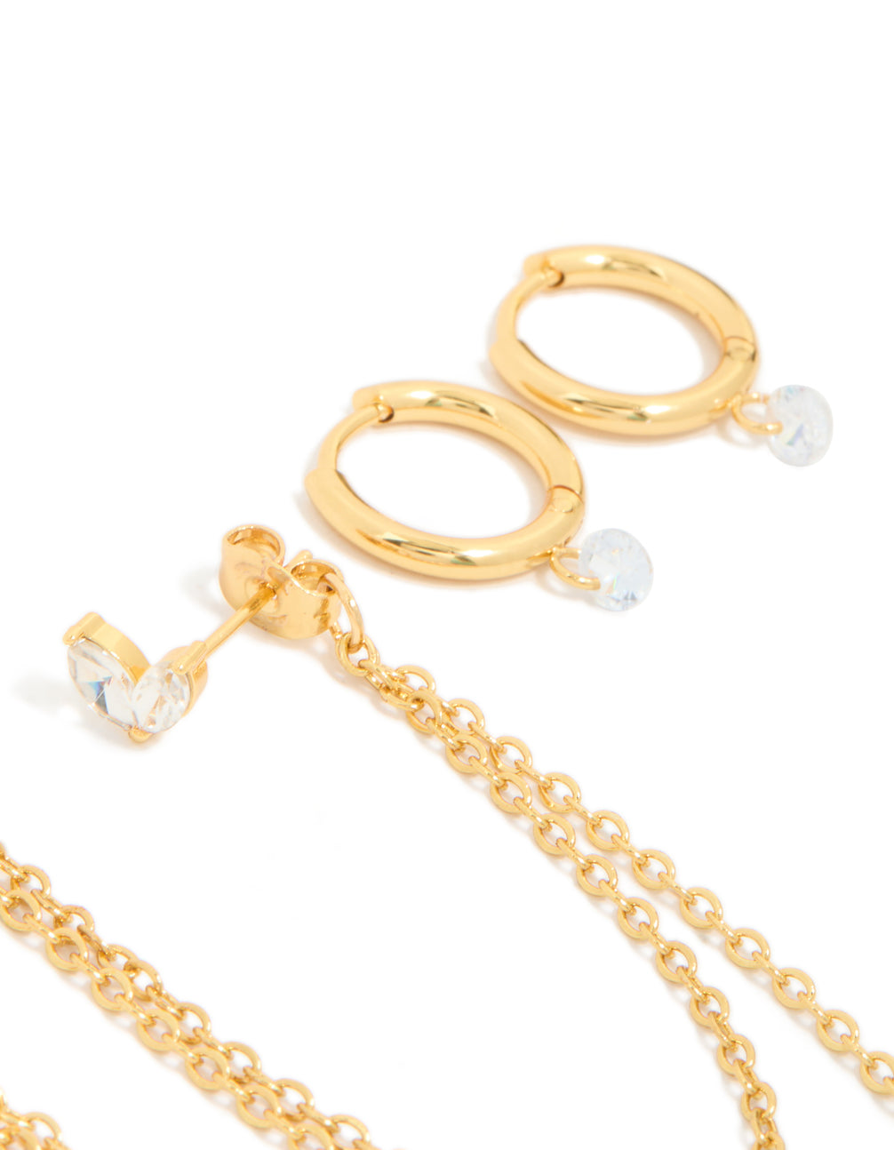 Beautifully crafted waterproof stud earrings with marquise cubic zirconia stones in a 3-pack, made from gold plated stainless steel post detail view