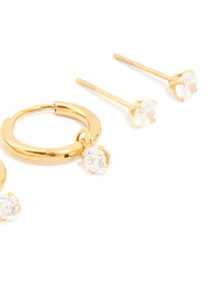 Waterproof Gold Plated Stainless Steel Cubic Zirconia Huggie & Stud Earrings 3-Pack - link has visual effect only