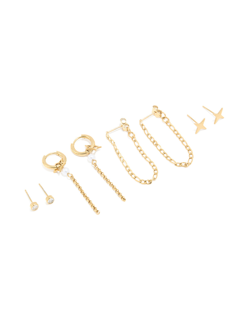 Discover a waterproof gold plated stainless steel star chain and stud earrings in a 4-pack featuring celestial design with cubic zirconia, pearl accents, and a stud closure front view