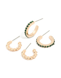 Gold Twisted & Green Diamante Hoop Earrings 2-Pack - link has visual effect only