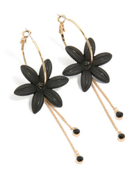 Gold Diamante Black Flower Chain Drop Earrings - link has visual effect only