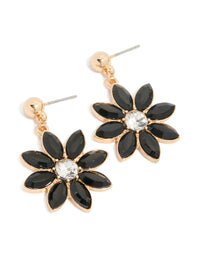 Gold Diamante Black Flower Drop Earrings - link has visual effect only
