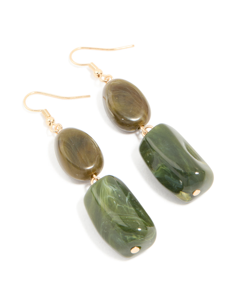 Gold Greend Beaded Rectangular Drop Earrings