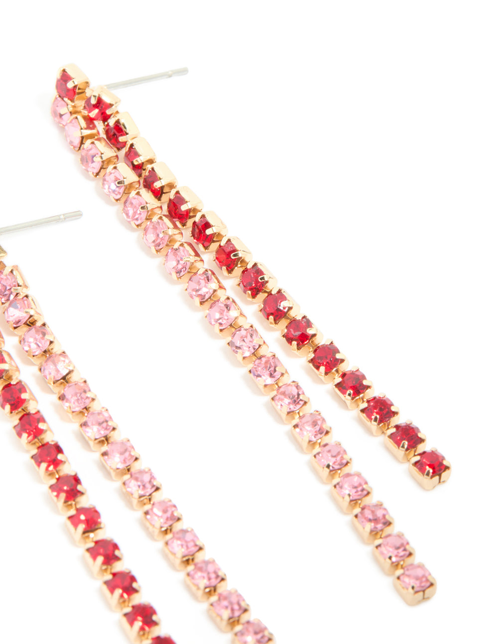 Gold Pink & Red Diamante Cup Chain Drop Earrings