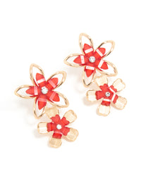 Gold Red & White Acrylic Flower Layered Earrings - link has visual effect only