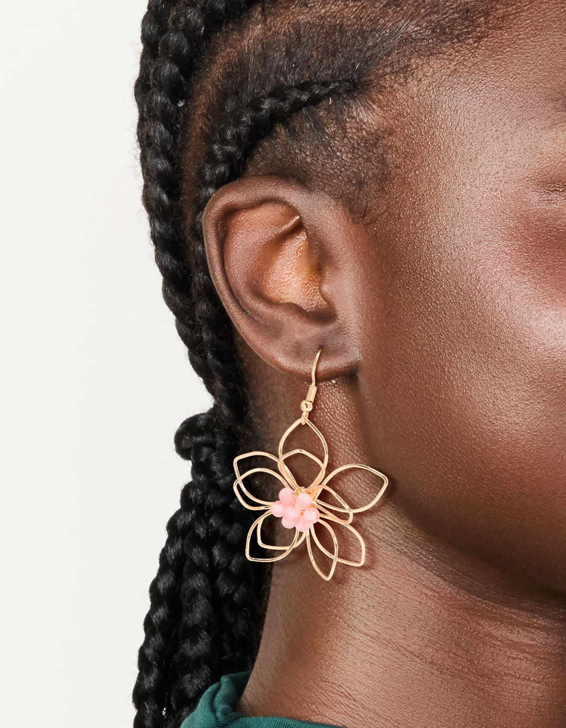 Gold Pink Beaded 3D Flower Drop Earrings